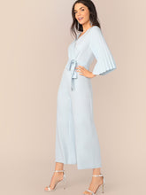 Load image into Gallery viewer, Pleated Sleeve Wrap Belted Wide Leg Jumpsuit