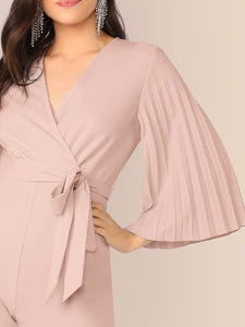 Pleated Sleeve Wrap Belted Wide Leg Jumpsuit