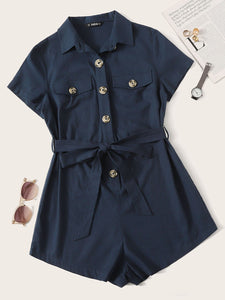 Solid Button Front Belted Utility Romper