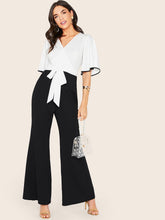 Load image into Gallery viewer, Two Tone Contrast Binding Tie Side Flare Leg Jumpsuit