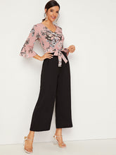 Load image into Gallery viewer, Colorblock Tie Front Ruffle Sleeve Floral Jumpsuit