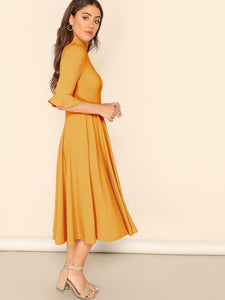 Bell Sleeve Ribbed Knit Midi Dress