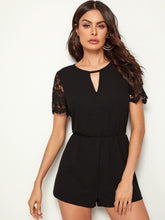 Load image into Gallery viewer, Keyhole Neck Knit Split Back Lace Sleeve Blouson Romper