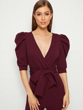 Load image into Gallery viewer, Plunging Neck Puff Sleeve Flare Leg Belted Jumpsuit