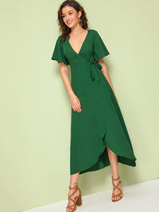 Bell Sleeve Surplice Wrap With Belt Dress