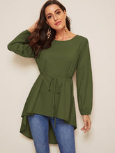 Load image into Gallery viewer, High Low Bishop Sleeve Drop Shoulder Belted Blouse