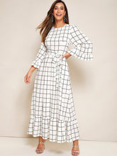 Load image into Gallery viewer, Bell Sleeve Flounce Hem Grid Dress With Belt