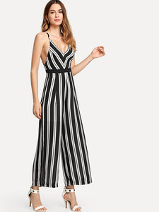 Backless Criss Cross Back Striped Cami Romper