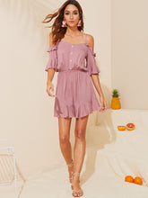 Load image into Gallery viewer, Cold Shoulder Half Placket Ruffle Romper