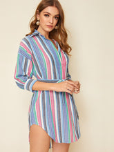 Load image into Gallery viewer, Colorful Striped Belted Notched Shirt Dress