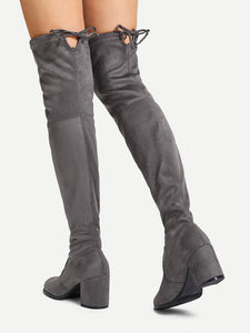 Tie Back Over Knee Block Heeled Boots