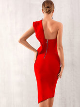 Load image into Gallery viewer, Adyce One Shoulder Exaggerated Ruffle Trim Split Hem Dress