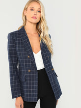 Load image into Gallery viewer, Double Breasted Notched Neck Plaid Blazer