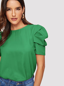 Button Keyhole Back Puff Sleeve Top