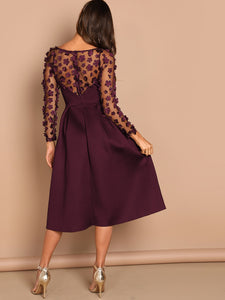 Applique & Mesh Sleeve Flared Dress