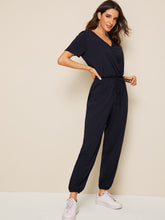 Load image into Gallery viewer, Solid Drawstring Waist Surplice Neck Jumpsuit