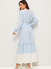 Load image into Gallery viewer, Bell Cuff Contrast Hem Belted Maxi Dress