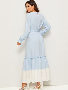 Bell Cuff Contrast Hem Belted Maxi Dress