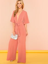 Load image into Gallery viewer, Trumpet Sleeve Plunging Neck Belted Jumpsuit