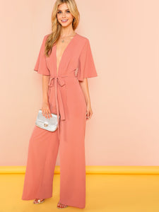 Trumpet Sleeve Plunging Neck Belted Jumpsuit