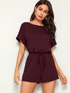 Drawstring Waist Rolled Sleeve Romper