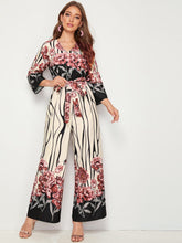 Load image into Gallery viewer, Botanical Print Surplice Neck Bell Sleeve Wide Leg Jumpsuit