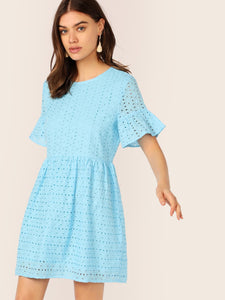 Flounce Sleeve Solid Schiffy Dress