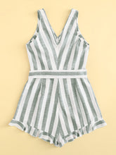 Load image into Gallery viewer, Surplice Neck Ruffle Hem Belted Striped Romper