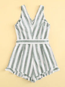 Surplice Neck Ruffle Hem Belted Striped Romper