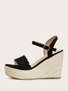 Scalloped Trim Buckle Strap Espadrille Wedges