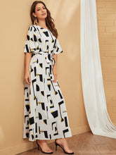 Load image into Gallery viewer, Bell Sleeve Self Belted Geo Dress