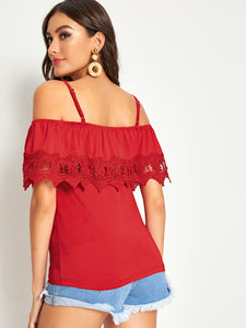 Cold Shoulder Guipure Lace Trim Top