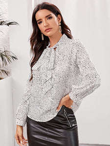 Dalmatian Print Tie Neck Blouse