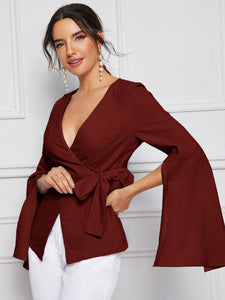 Bell Split Sleeve Surplice Neck Knot Blazer