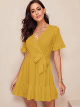 Load image into Gallery viewer, Surplice Wrap Belted Ruffle Hem Dress