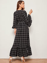 Load image into Gallery viewer, Bell Sleeve Flounce Hem Grid Dress With Belt