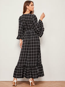 Bell Sleeve Flounce Hem Grid Dress With Belt