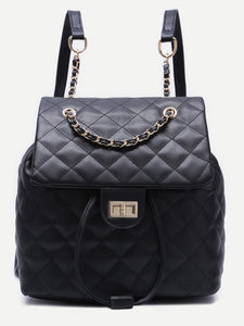 Black PU Quilted Flap Drawstring Backpack