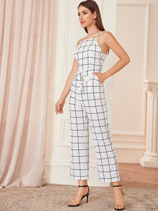 Grid Print Belted Cami Jumpsuit