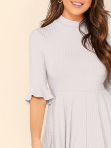 Bell Sleeve Ribbed Knit Midi Dress