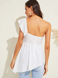 One Shoulder Asymmetrical Hem Zip Back Blouse