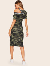 Load image into Gallery viewer, Asymmetrical Shoulder Letter Tape Camo Dress