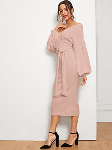 Blouson Sleeve Slit Hem Surplice Bardot Dress