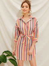 Load image into Gallery viewer, Colorful Striped Belted Notched Shirt Dress