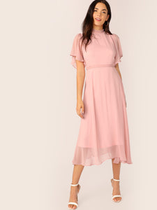 Mock-neck Knot Back Sheer Panel Dress