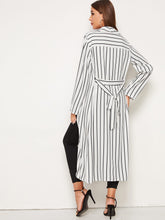 Load image into Gallery viewer, Shawl Collar Roll-up Sleeve Split Side Belted Striped Coat