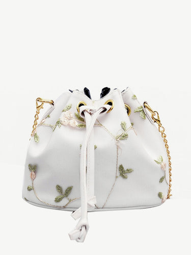 Floral Embroidered Bucket Bag With Drawstring