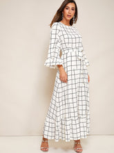 Load image into Gallery viewer, Bell Sleeve Flounce Hem Grid Dress With Belt