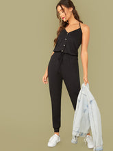 Load image into Gallery viewer, Button Front Drawstring Waist Halter Jumpsuit