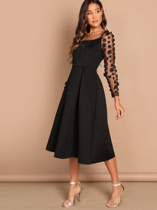 Applique & Mesh Sleeve Flared Dress